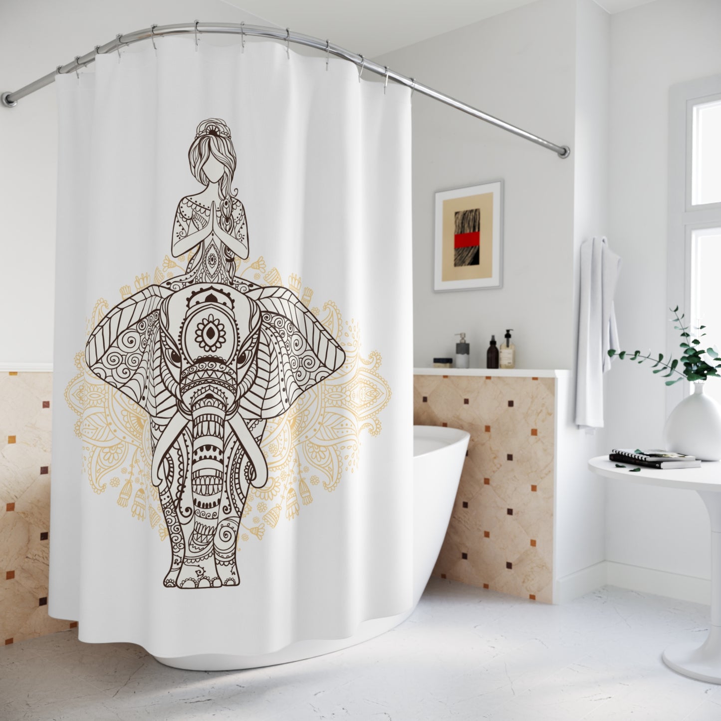 ELEFANT MANDALA - SCHÖNE FRAU • Hochwertiger, Schöner Duschvorhang 180x200 cm Weiss
