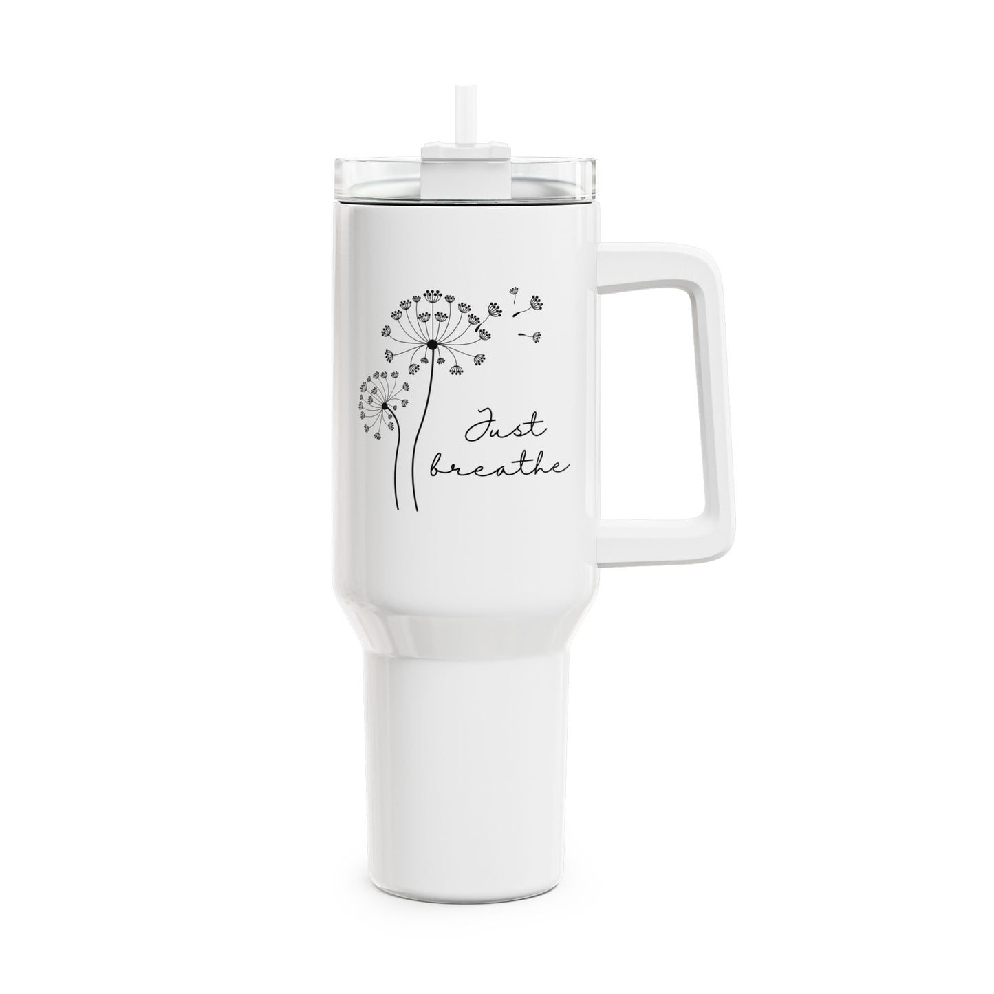 JUST BREATHE - PUSTEBLUMEN HERZCHEN • Tumbler mit Henkel & Strohhalm • XXL Reisebecher 1,2L