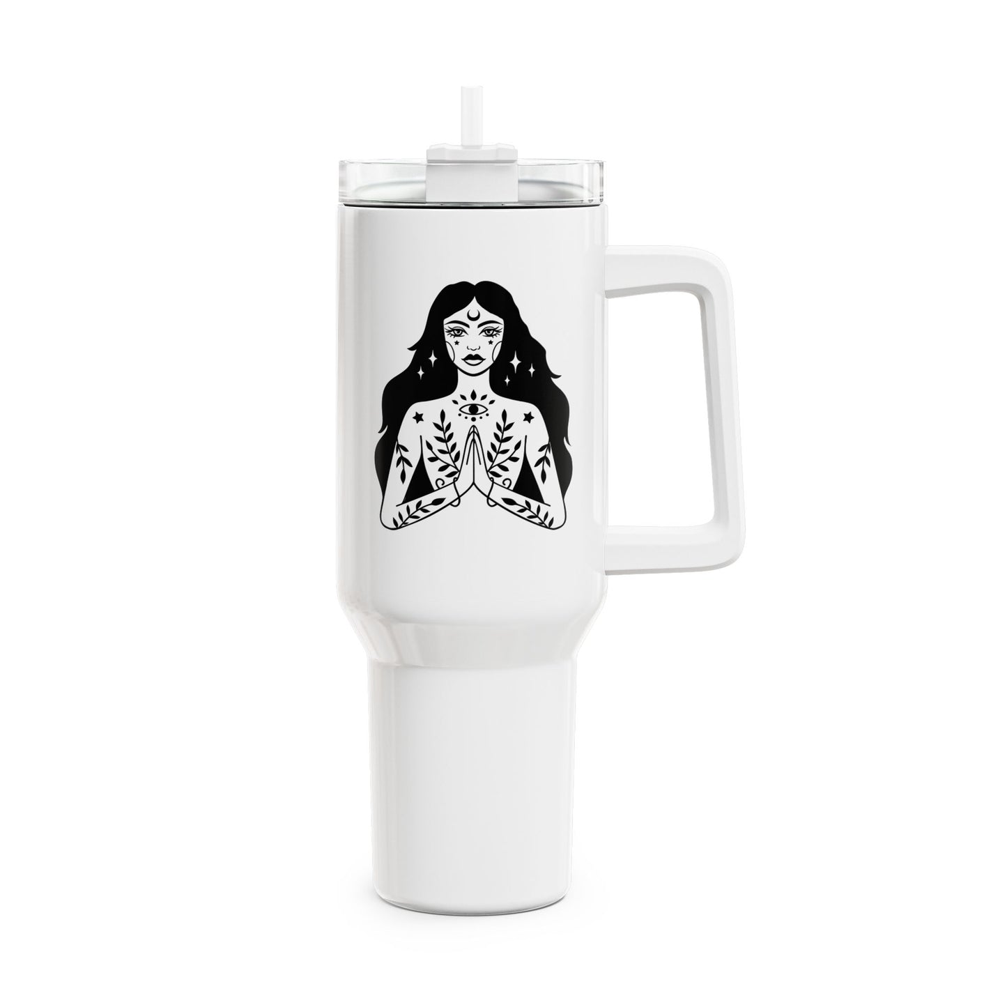 SPIRITUELLE FRAU ZEICHNUNG MOND STERNE • Tumbler mit Henkel & Strohhalm • XXL Reisebecher 1,2L - YOGA SANTA