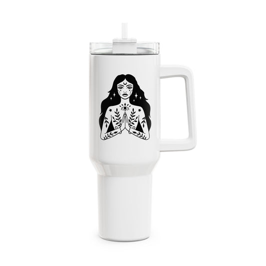 SPIRITUELLE FRAU ZEICHNUNG MOND STERNE • Tumbler mit Henkel & Strohhalm • XXL Reisebecher 1,2L - YOGA SANTA