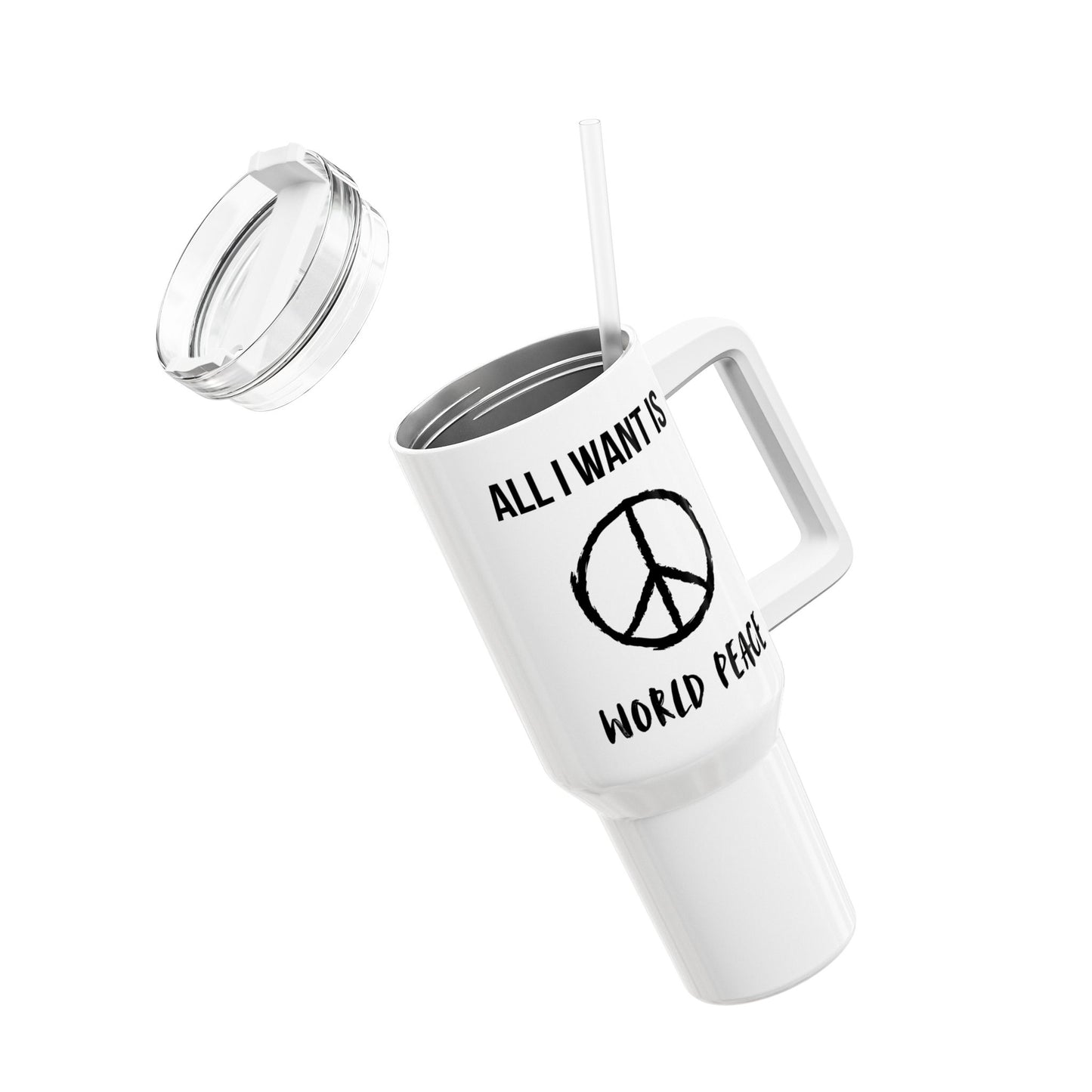 ALL I WANT IS WORLDPEACE • PEACE ZEICHEN • Tumbler mit Henkel & Strohhalm • XXL Reisebecher 1,2L