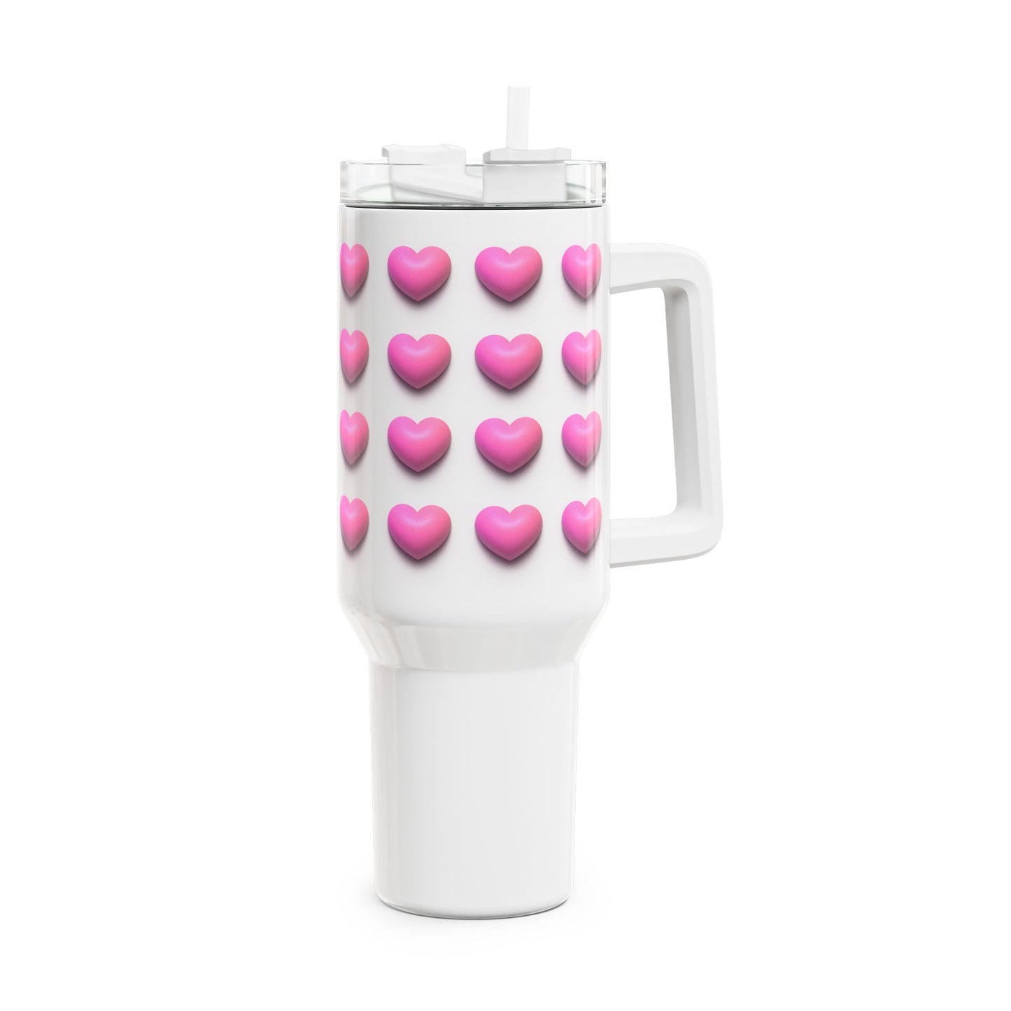 HERZEN MUSTER PINK - NIEDLICH 3D Optik • Tumbler mit Henkel & Strohhalm • XXL Reisebecher 1,2L