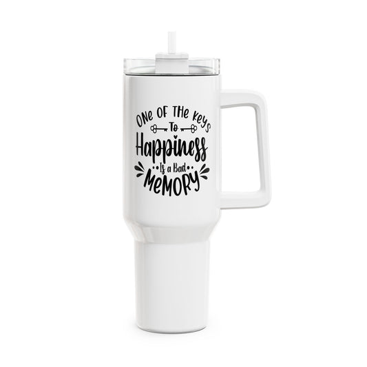 ONE OF THE KEYS TO HAPPINESS IS A BAD MEMORY • Lustiger Spruch Tumbler XXL Reisebecher 1,2L - YOGA SANTA