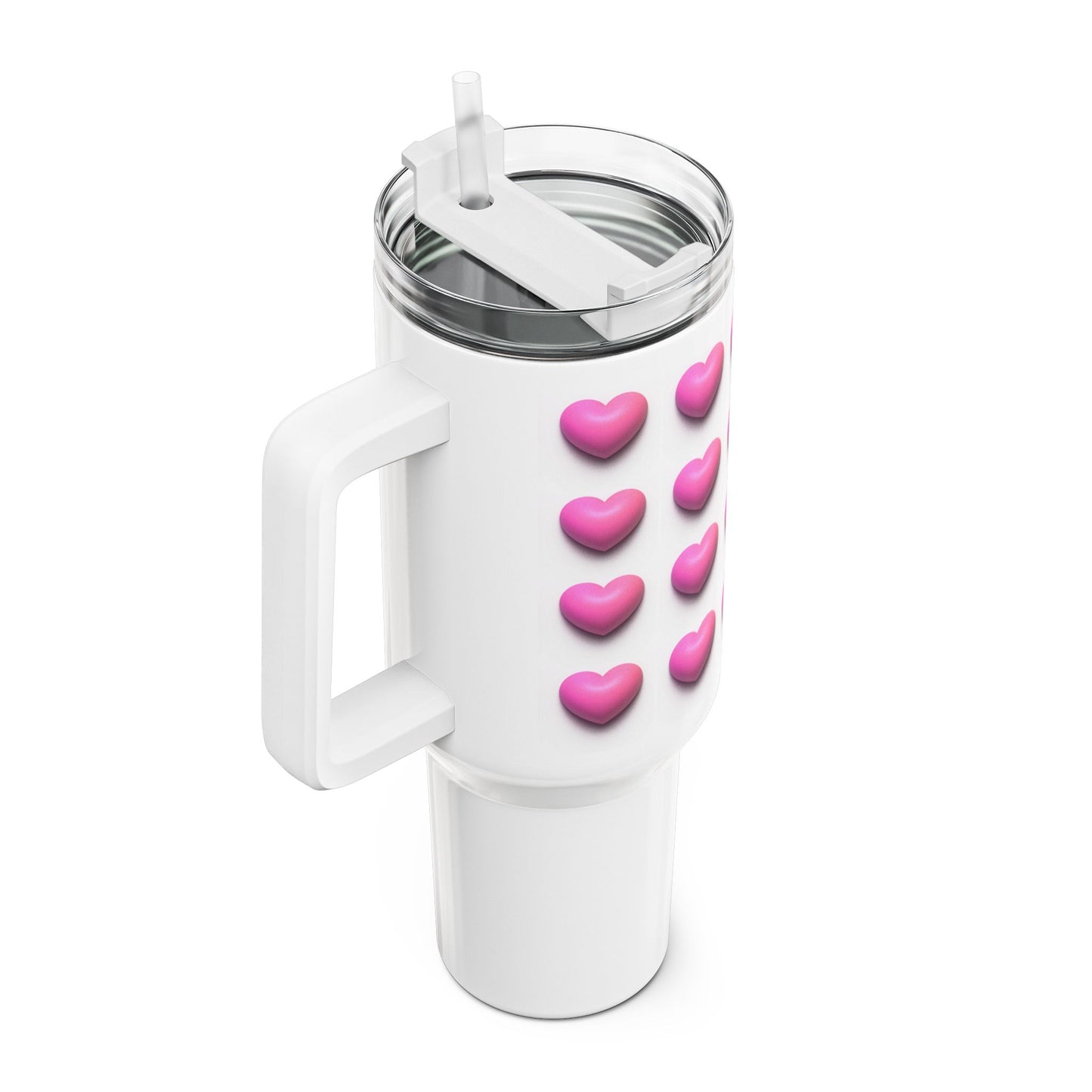 HERZEN MUSTER PINK - NIEDLICH 3D Optik • Tumbler mit Henkel & Strohhalm • XXL Reisebecher 1,2L