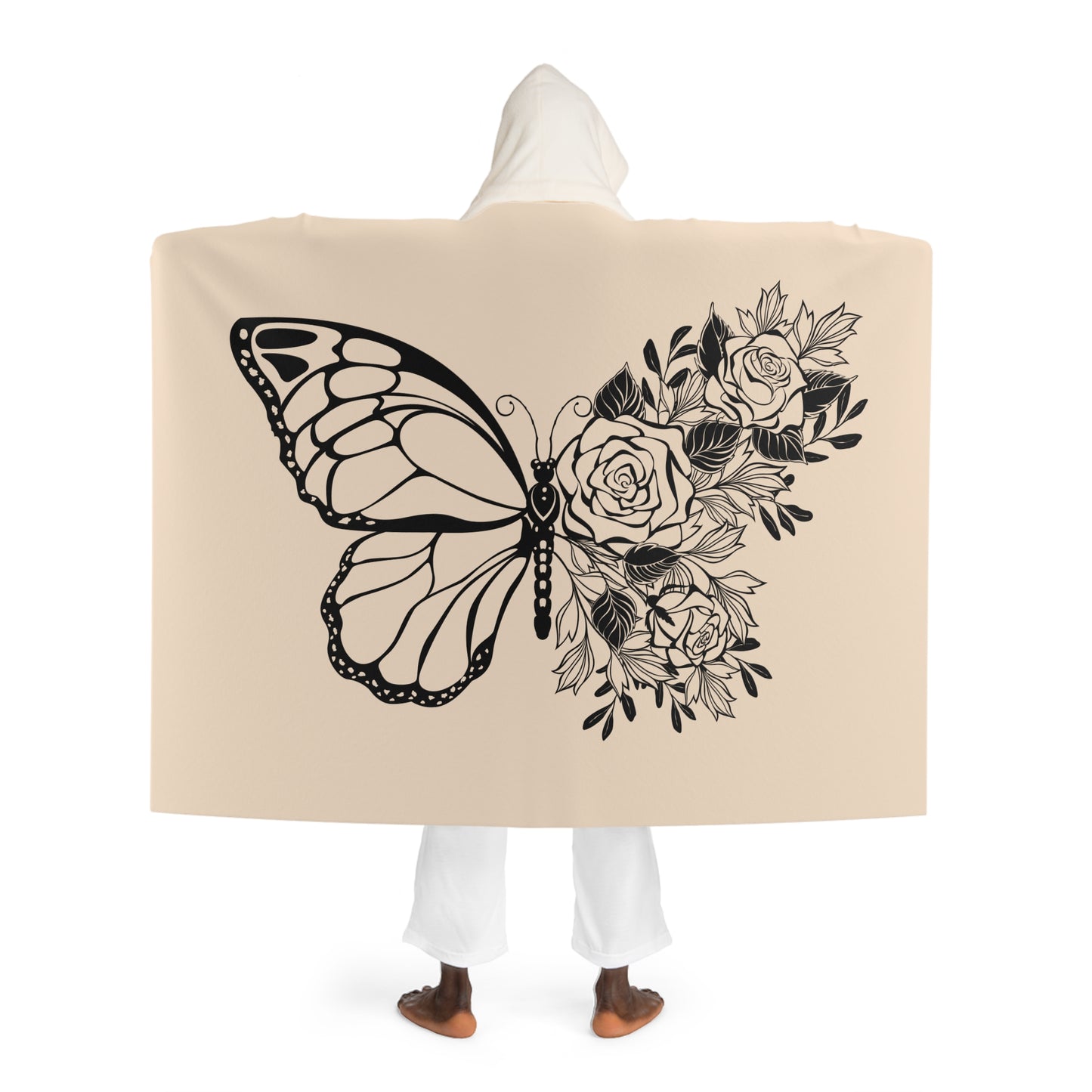 BLUMEN SCHMETTERLING • Kapuzen Kuscheldecke Beige Creme • Wohndecke Sherpa 130cm x 180cm