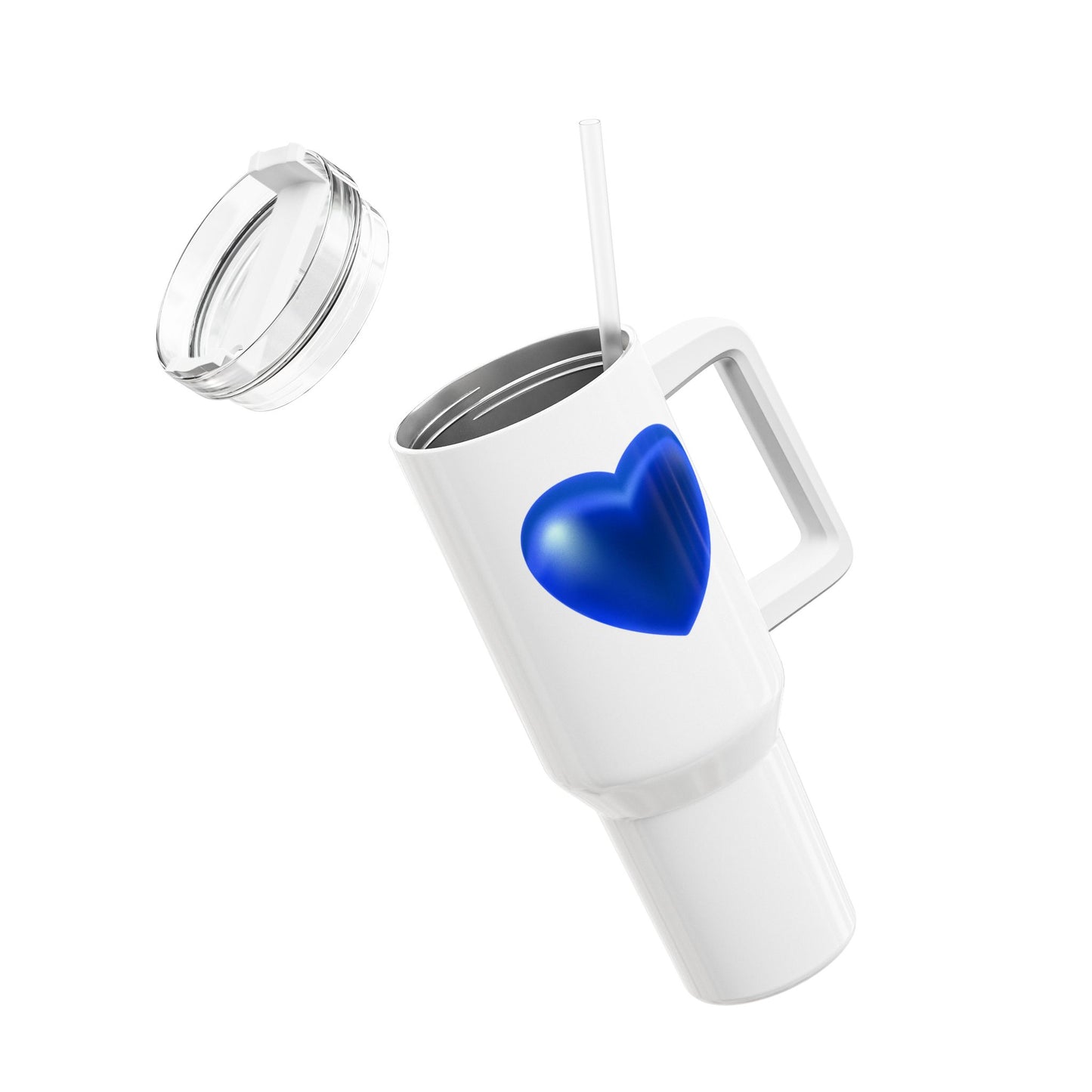 BLAUES HERZ GLÄNZEND 3D ILLUSION • Tumbler mit Henkel & Strohhalm • XXL Reisebecher 1,2L