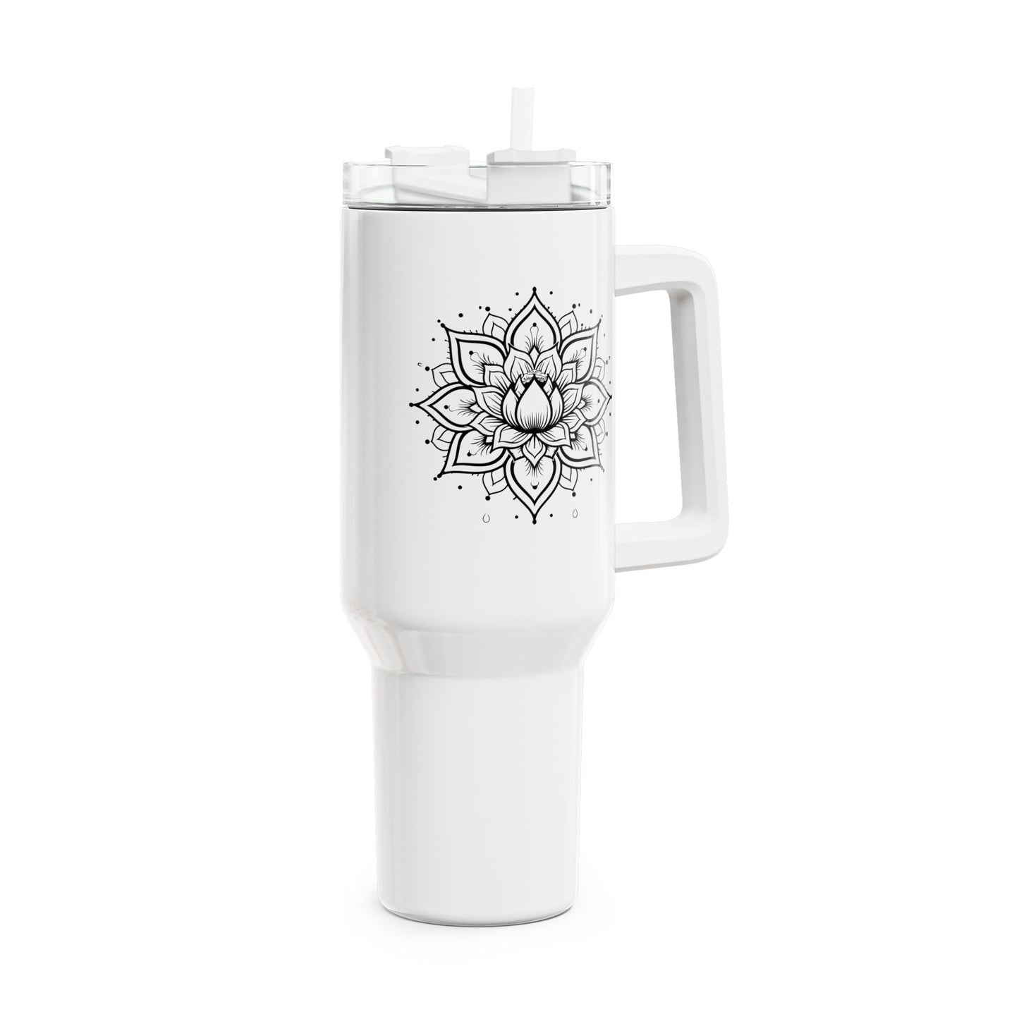 LOTUS MANDALABLUME ÄSTHETISCH • Tumbler mit Henkel & Strohhalm • XXL Reisebecher 1,2L