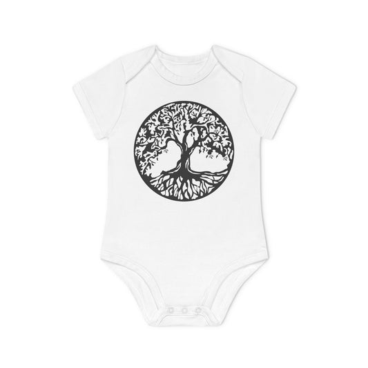BAUM DES LEBENS SYMBOL MOTIV HANDGEZEICHNET • Niedlich süßer Baby Body Kurzarm • Mädchen & Jungen • BIO Baumwolle 🌿
