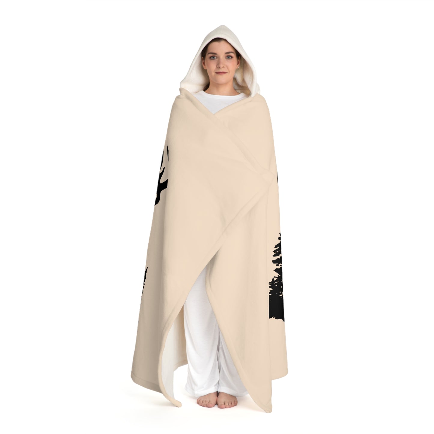HIRSCH BÄUME WALD GEWEIH LANDHAUS JÄGER • Kapuzen Kuscheldecke Beige Creme • Wohndecke Sherpa 130cm x 180cm