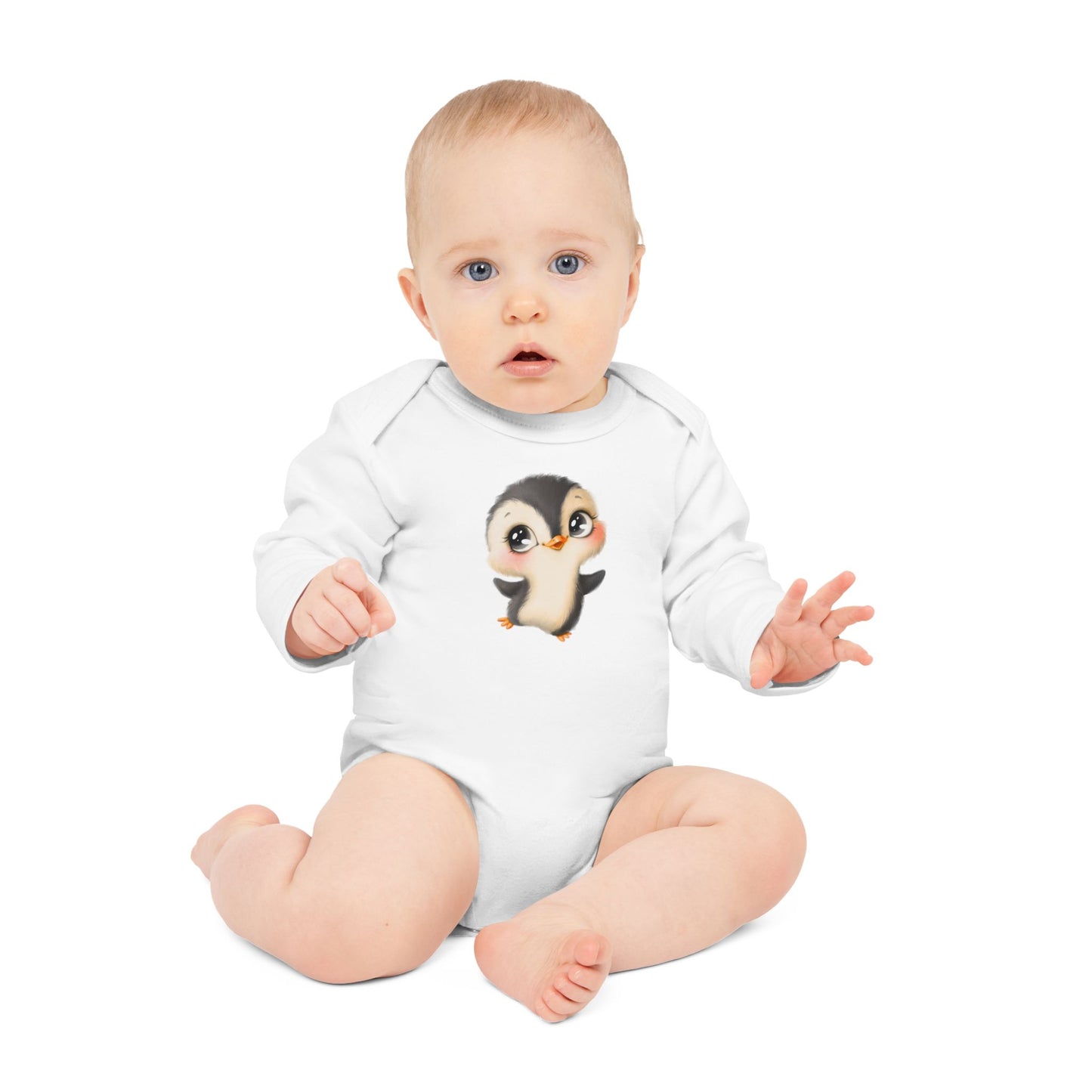PINGUIN COMIC ZEICHNUNG NIEDLICH SÜß • Baby Body Langarm mit Tiermotiv Print • Mädchen & Jungen • BIO Baumwolle 🌿
