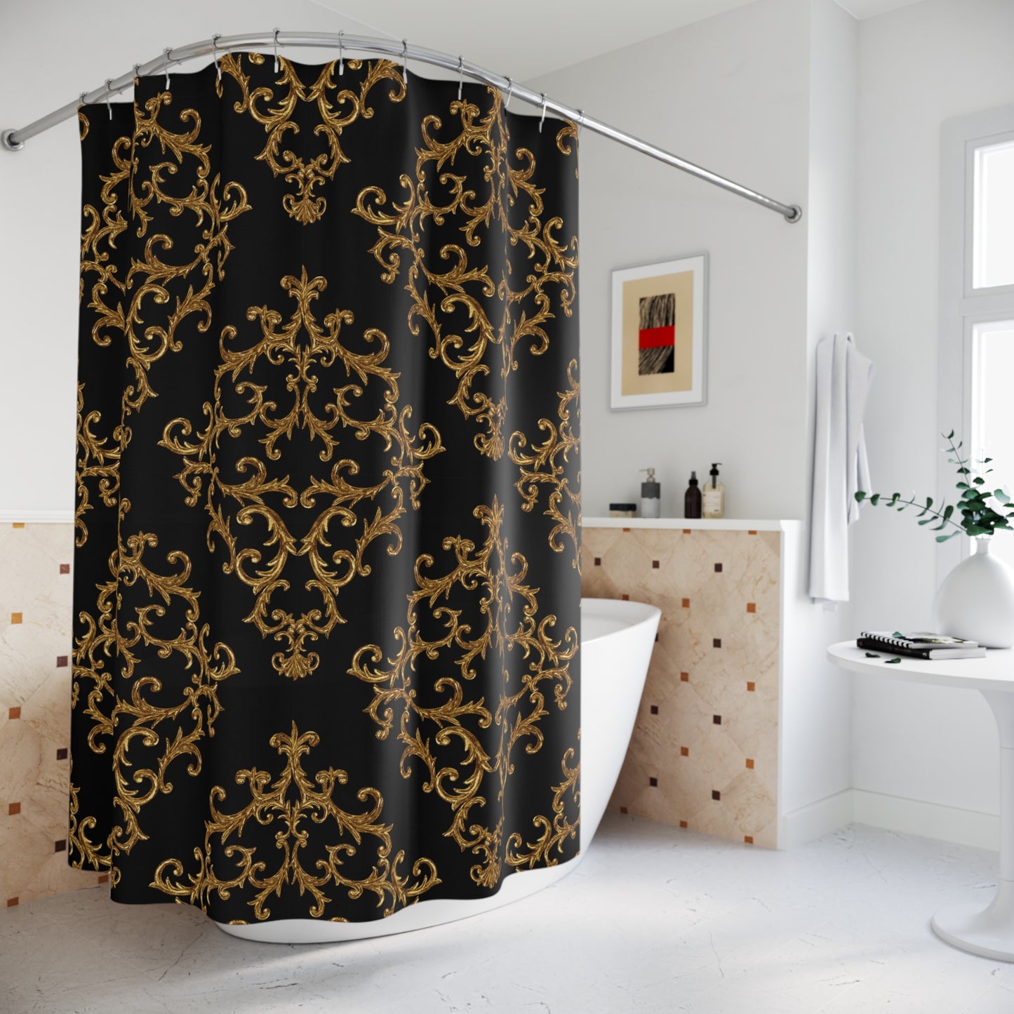 FLORAL BAROCKES MUSTER • Hochwertiger, Schöner Duschvorhang 180x200 cm Schwarz
