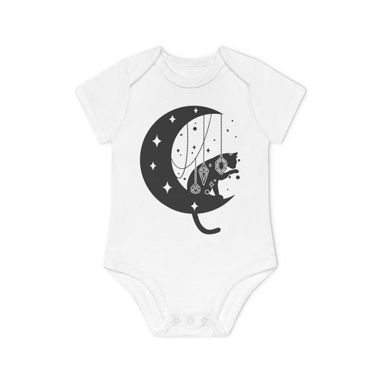 KATZE IM MOND STERNE EDELSTEINE • Niedlich süßer Baby Body Kurzarm • Mädchen & Jungen • BIO Baumwolle 🌿