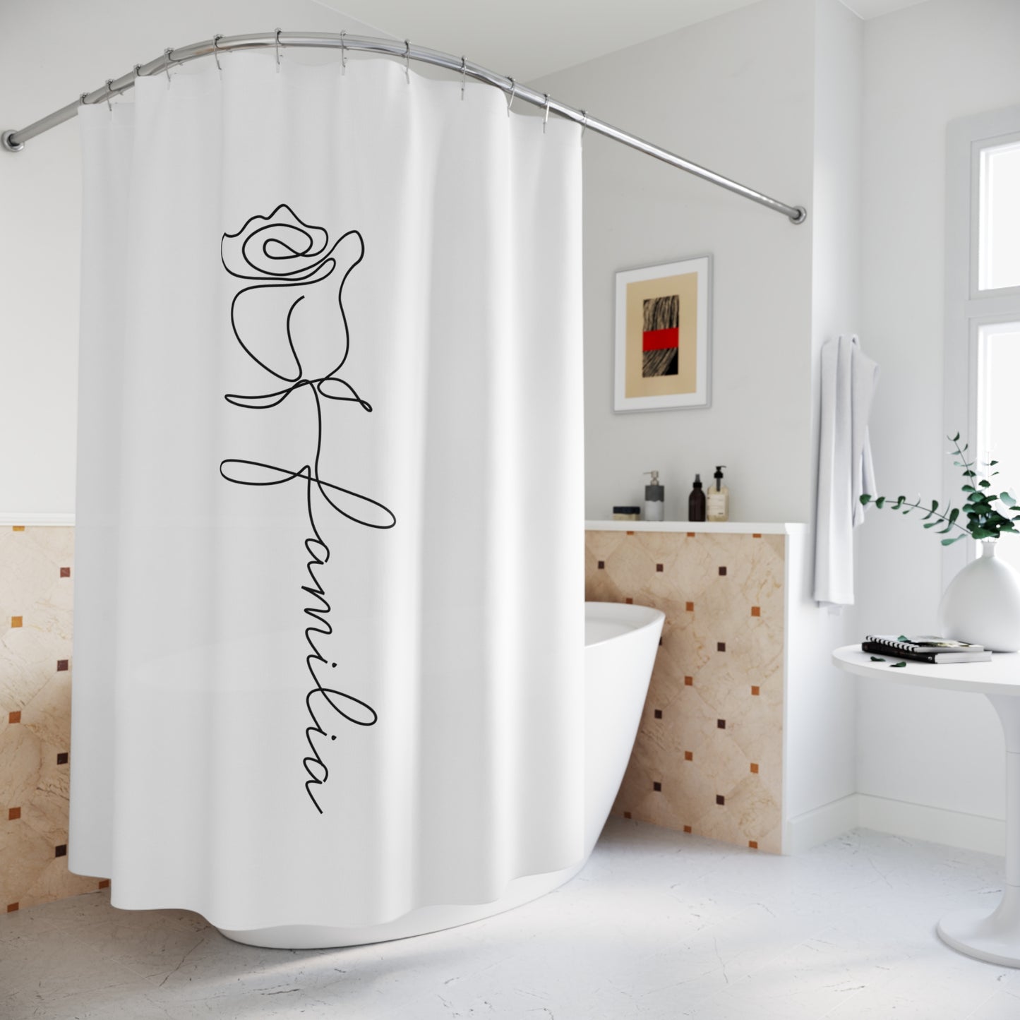 ROSE FAMILIA SCHRIFTZUG • Hochwertiger, Schöner Duschvorhang 180x200 cm Weiss