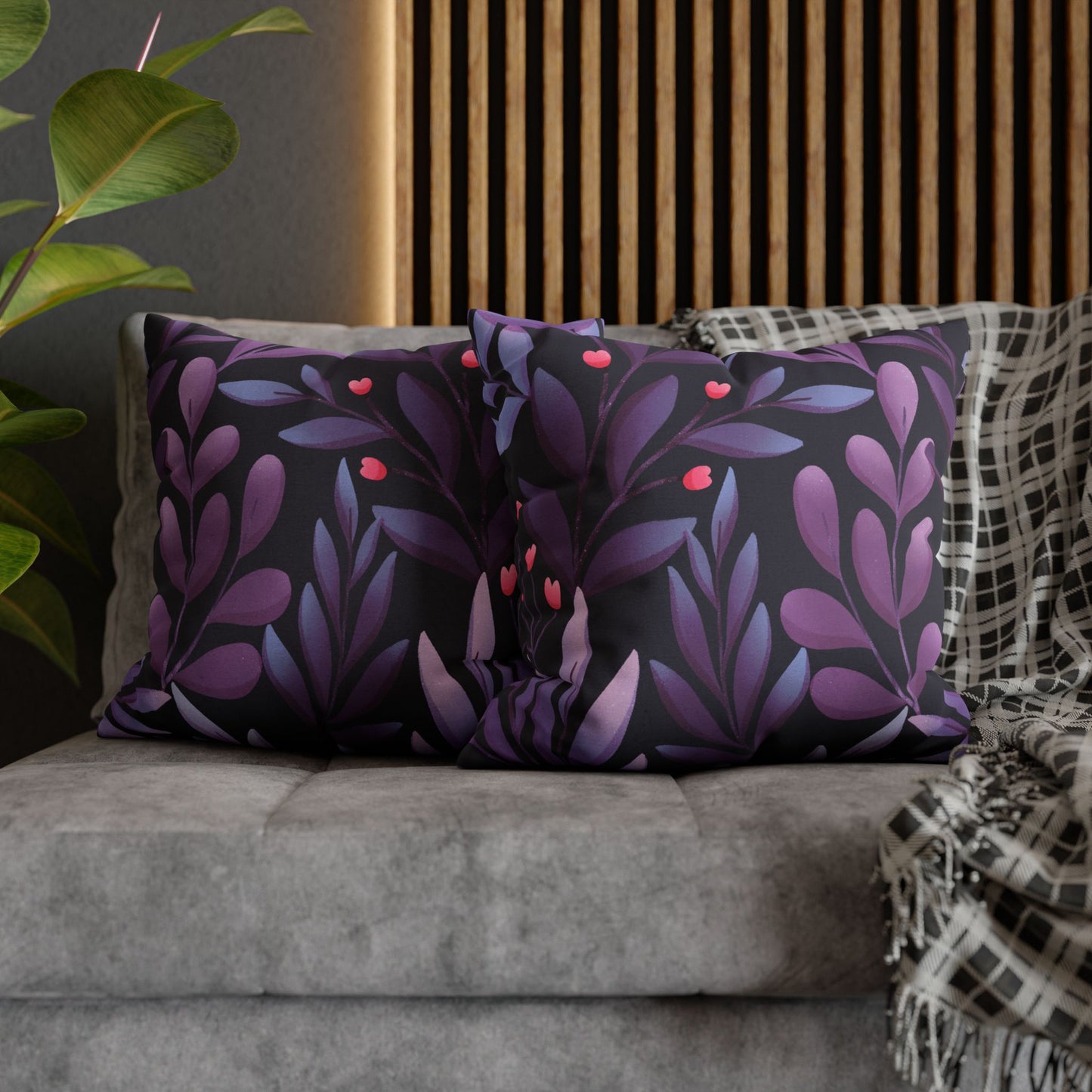 BLÄTTER FLORAL LILA VIOLET • Deko Kissenbezug mit Reißverschluss Quadratisch Schwarz