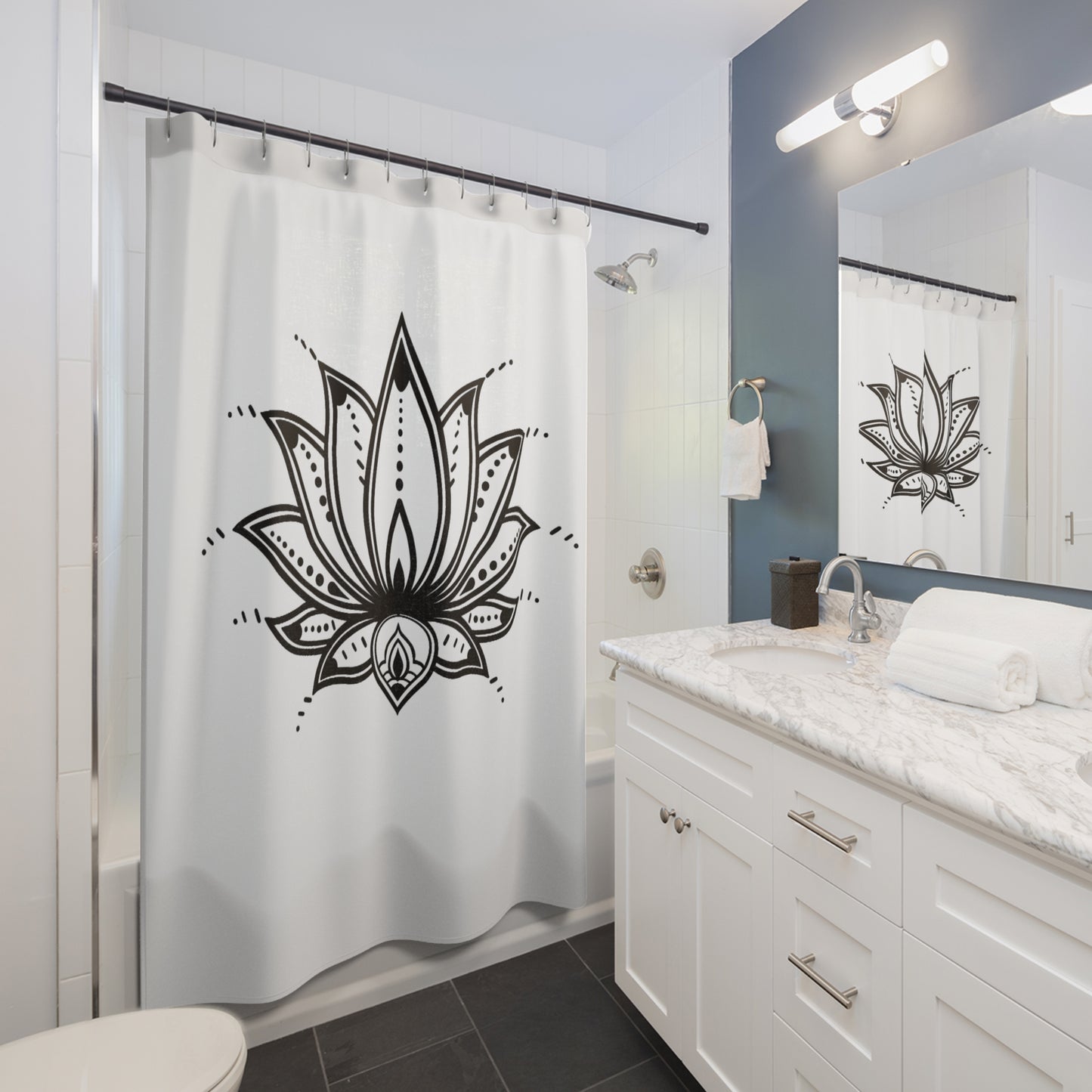 LOTUS BLÜTE BLUMEN DESIGN HANDGEZEICHNET • Duschvorhang 180x200 cm Weiss