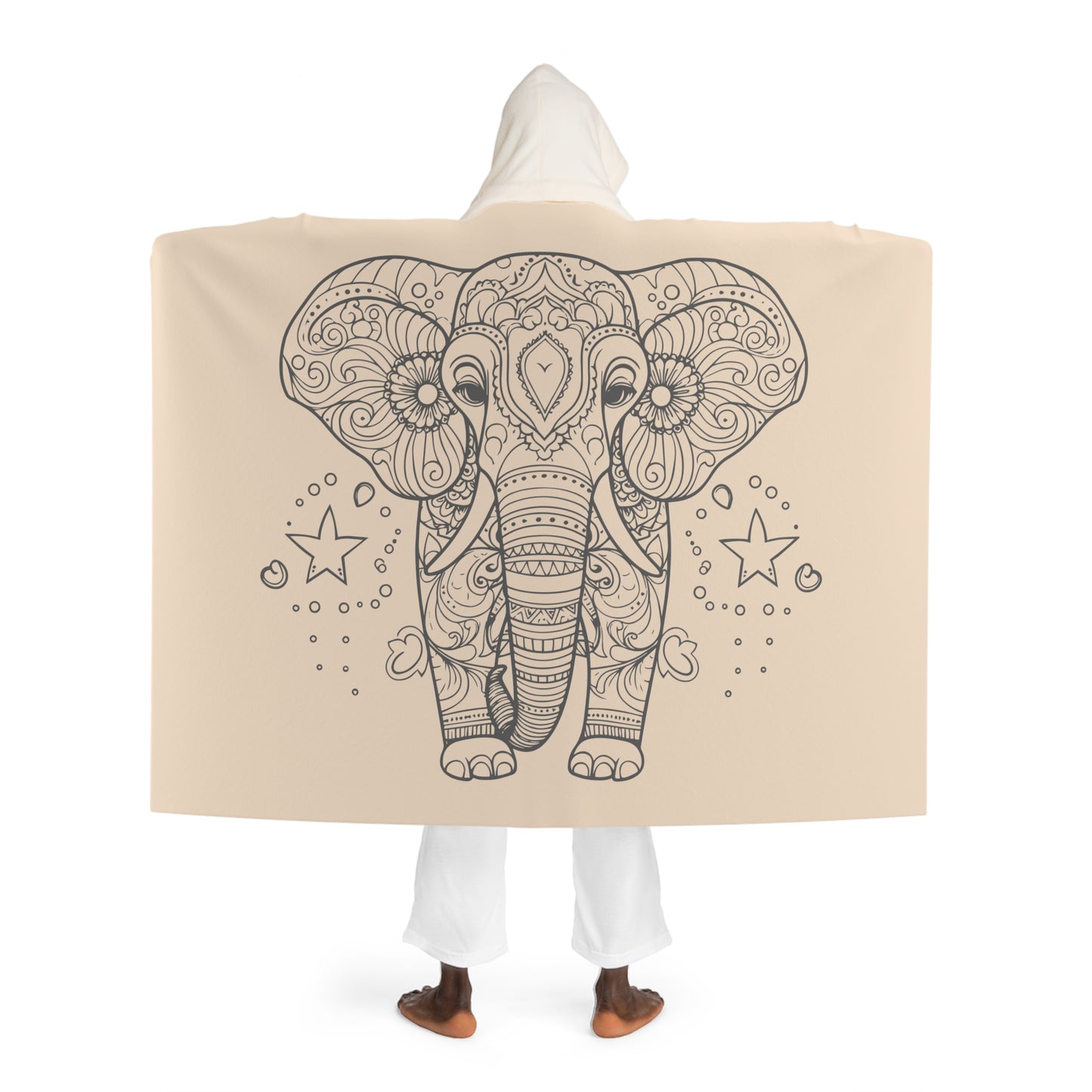 ELEFANT STERNE MANDALA • Kapuzen Kuscheldecke Beige Creme • Wohndecke Sherpa 130cm x 180cm