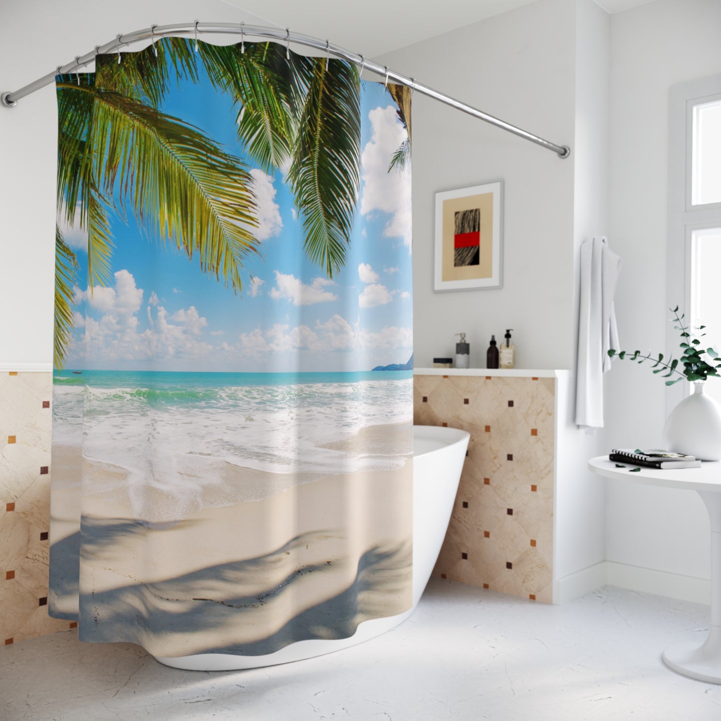 PALMENS STRAND MEER • Urlaubsmotiv • Hochwertiger, Schöner Duschvorhang 180x200 cm Weiss