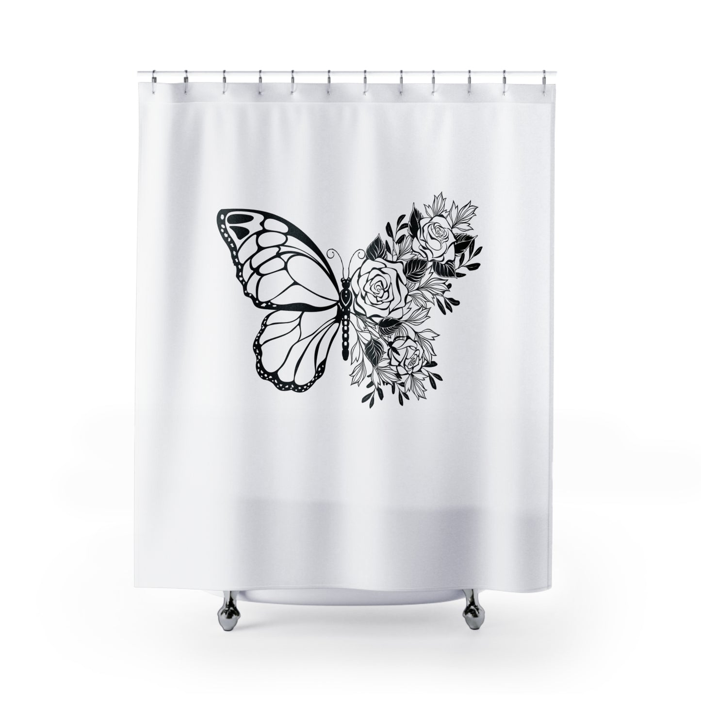BLUMENBLÜTEN SCHMETTERLING • Hochwertiger, Schöner Duschvorhang 180x200 cm Weiss