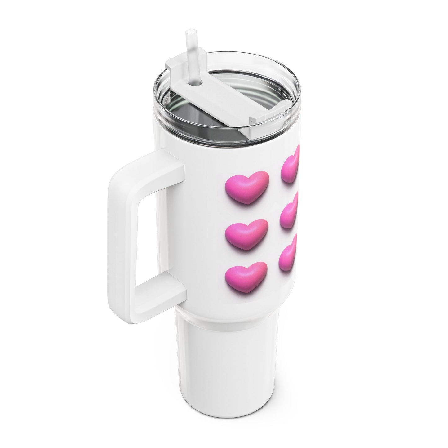 HERZEN MUSTER PINK 3D Illusion • Tumbler mit Henkel & Strohhalm • XXL Reisebecher 1,2L