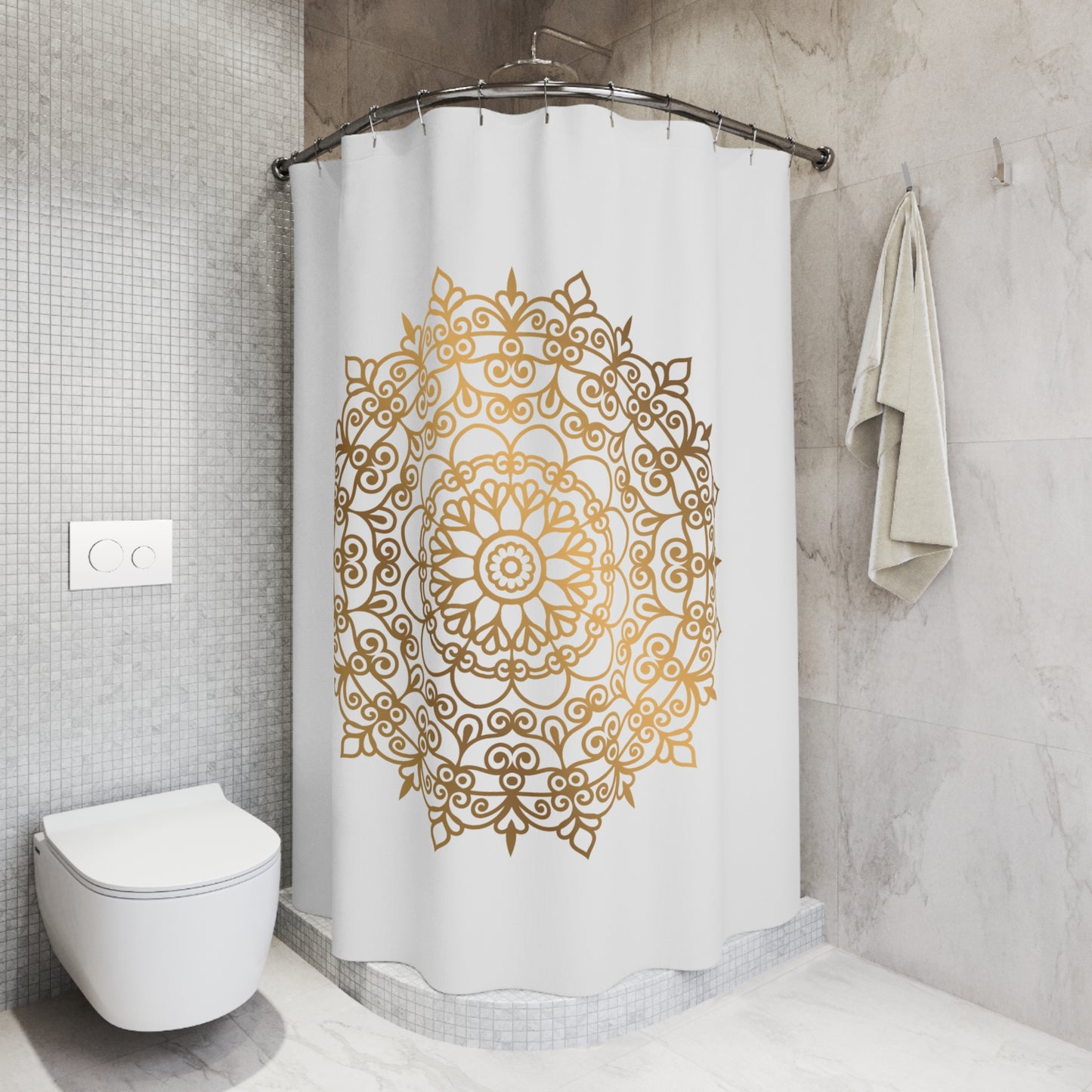 MANDALA GOLDOPTIK • Hochwertiger, Schöner Duschvorhang 180x200 cm Weiss