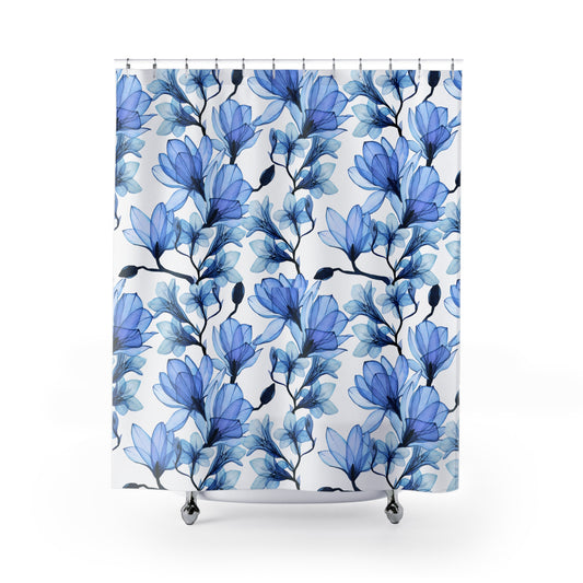 BLUMENMUSTER BLAU • Hochwertiger, Schöner Duschvorhang 180x200 cm Weiss