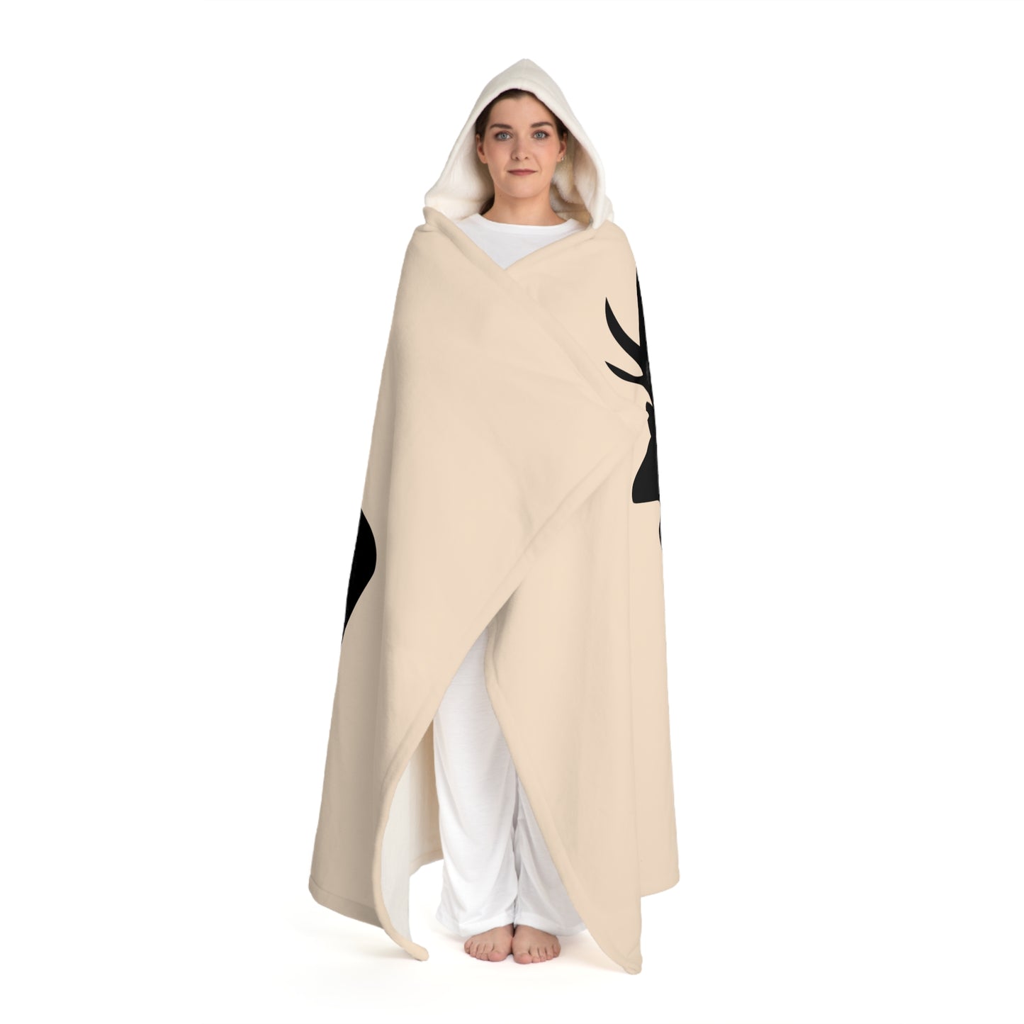 HIRSCH MOTIV LANDHAUS DECKE JAGDMOTIV • Kapuzen Kuscheldecke Beige Creme • Wohndecke Sherpa 130cm x 180cm