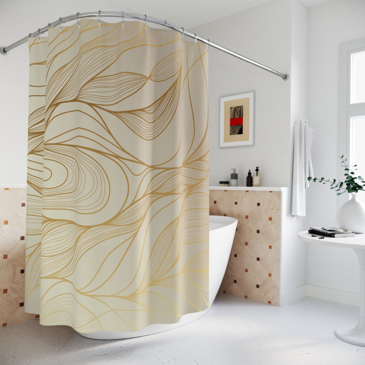 GOLDENE STRÜMUNG - FLIESENDE WELLEN - EIN HAUCH VON LUXUS • Hochwertiger, Schöner Duschvorhang 180x200 cm Weiss