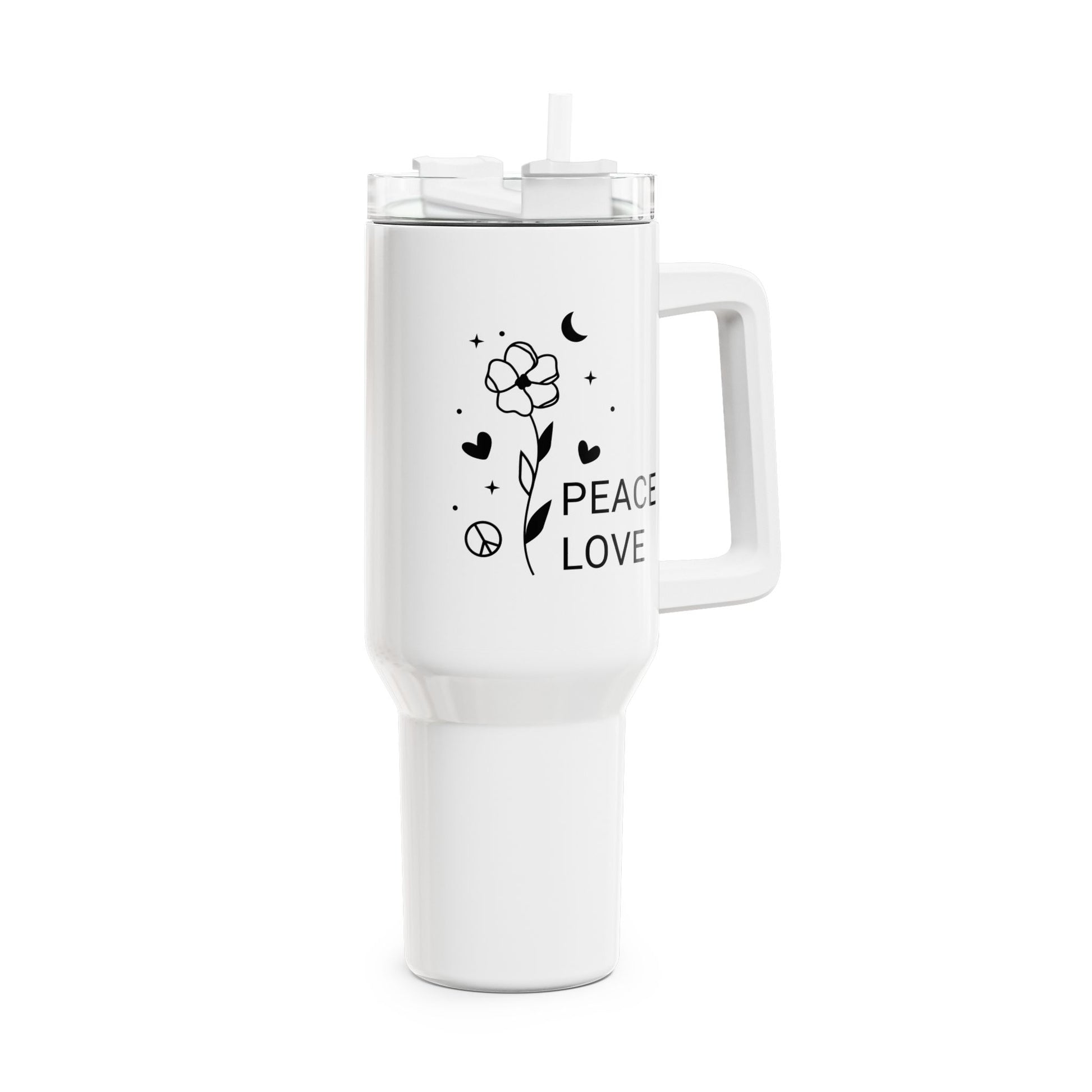 PEACE LOVE BLUME MOND HERZ STERNE • Tumbler mit Henkel & Strohhalm • XXL Reisebecher 1,2L - YOGA SANTA