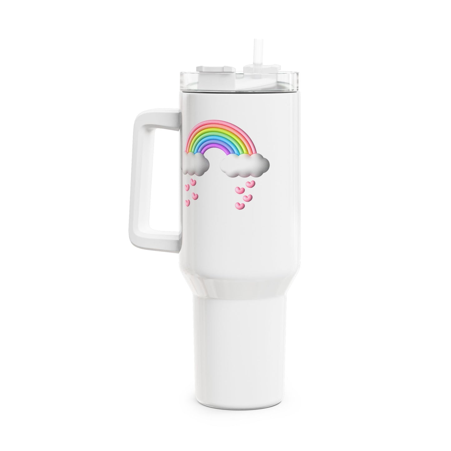 REGENBOGEN HERZEN NIEDLICH SÜß 3D Illusion Magisch • Tumbler mit Henkel & Strohhalm • XXL Reisebecher 1,2L