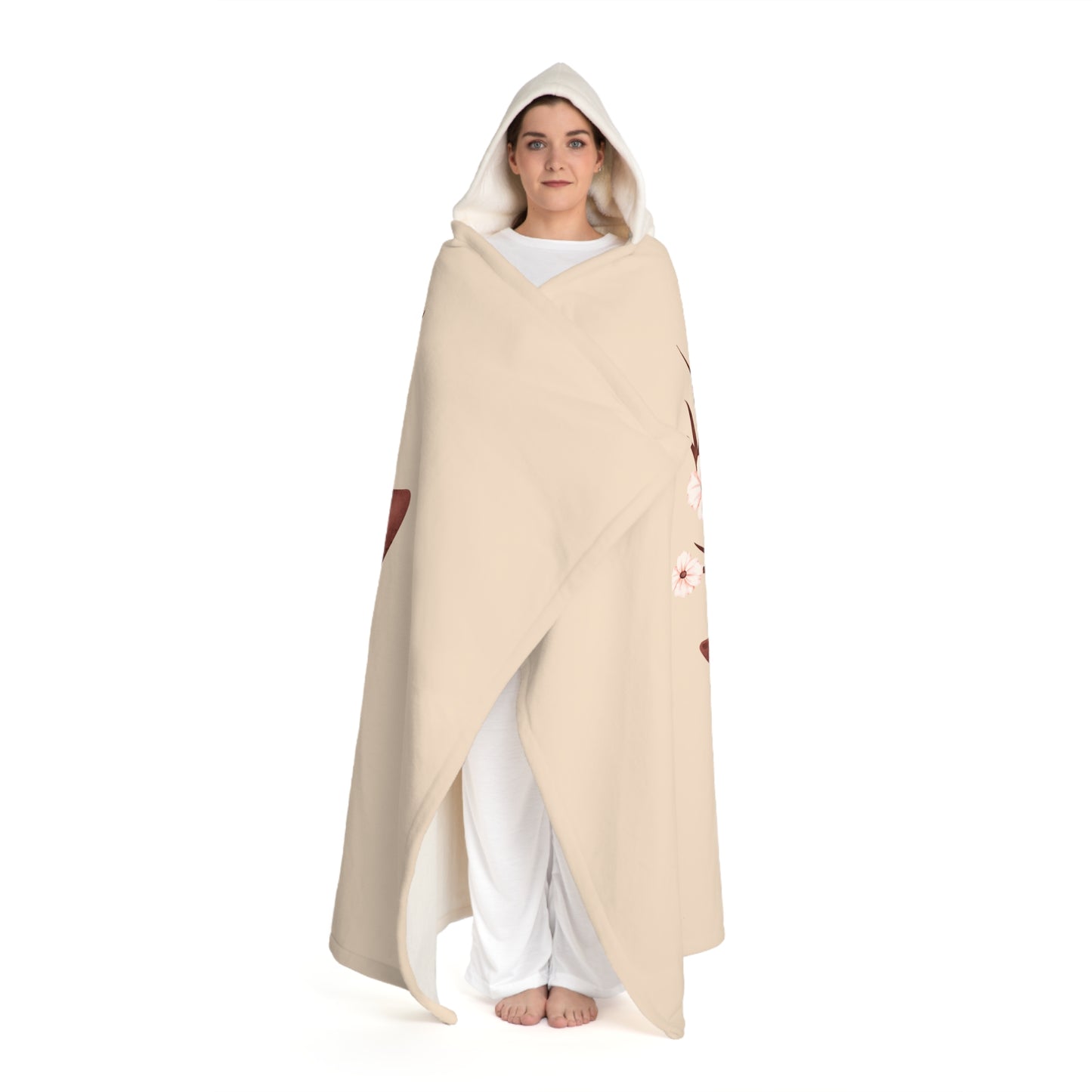 REH HIRSCH BABY NIEDLICH BLUMEN • Kapuzen Kuscheldecke Beige Creme • Wohndecke Sherpa 130cm x 180cm
