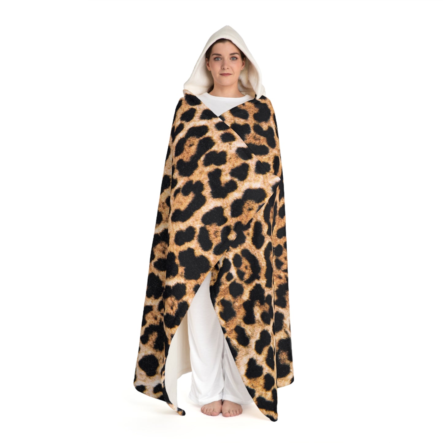 LEOPARDEN LEO FELL ANIMAL PRINT • Kapuzen Kuscheldecke • Wohndecke Sherpa 130cm x 180cm
