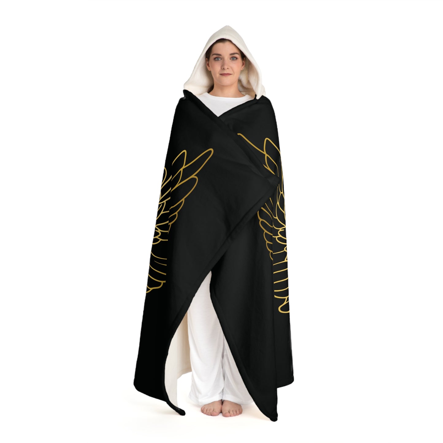 ENGELSFLÜGEL GOLDGELB • Kapuzen Kuscheldecke Schwarz • Wohndecke Sherpa 130cm x 180cm
