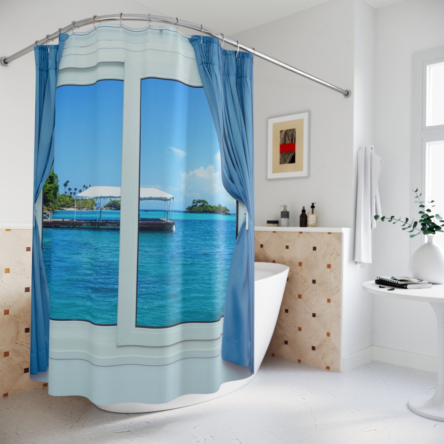 MEER SOMMER • Fensterblick • Urlaubsmotiv • Duschvorhang 180x200 cm Weiss