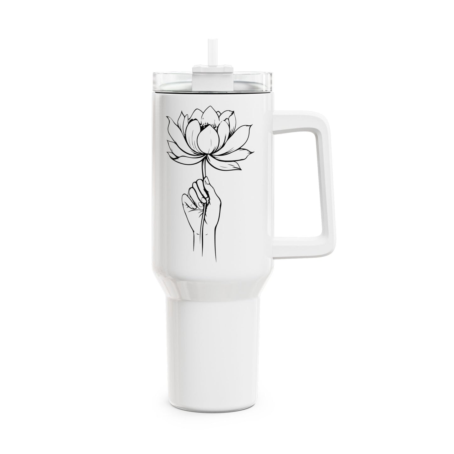 LOTUSBLÜTEN ZEICHNUNG IN HAND • Tumbler mit Henkel & Strohhalm • XXL Reisebecher 1,2L