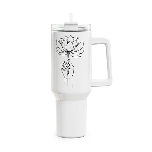 LOTUSBLÜTEN ZEICHNUNG IN HAND • Tumbler mit Henkel & Strohhalm • XXL Reisebecher 1,2L