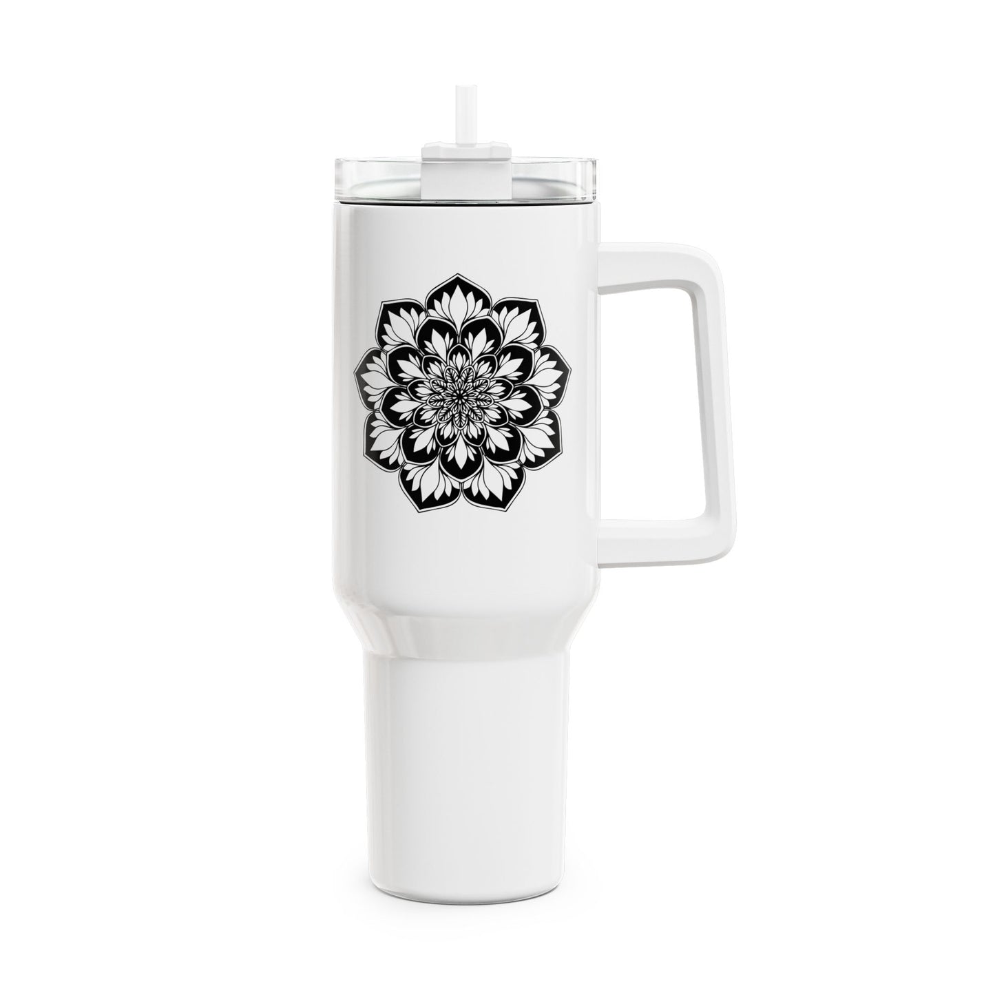 FLORALES MANDALA ÄSTHETISCH • Tumbler mit Henkel & Strohhalm • XXL Reisebecher 1,2L