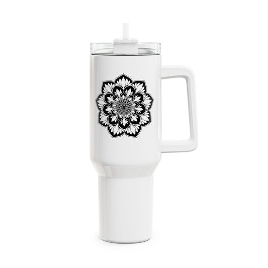 FLORALES MANDALA ÄSTHETISCH • Tumbler mit Henkel & Strohhalm • XXL Reisebecher 1,2L