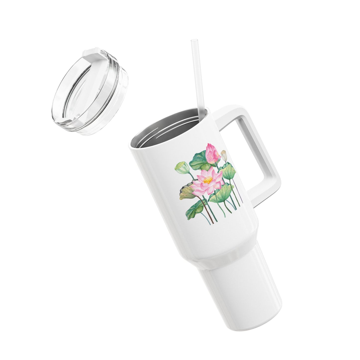 LOTUSBLUMEN AQUARELL ZEICHNUNG • Tumbler mit Henkel & Strohhalm • XXL Reisebecher 1,2L