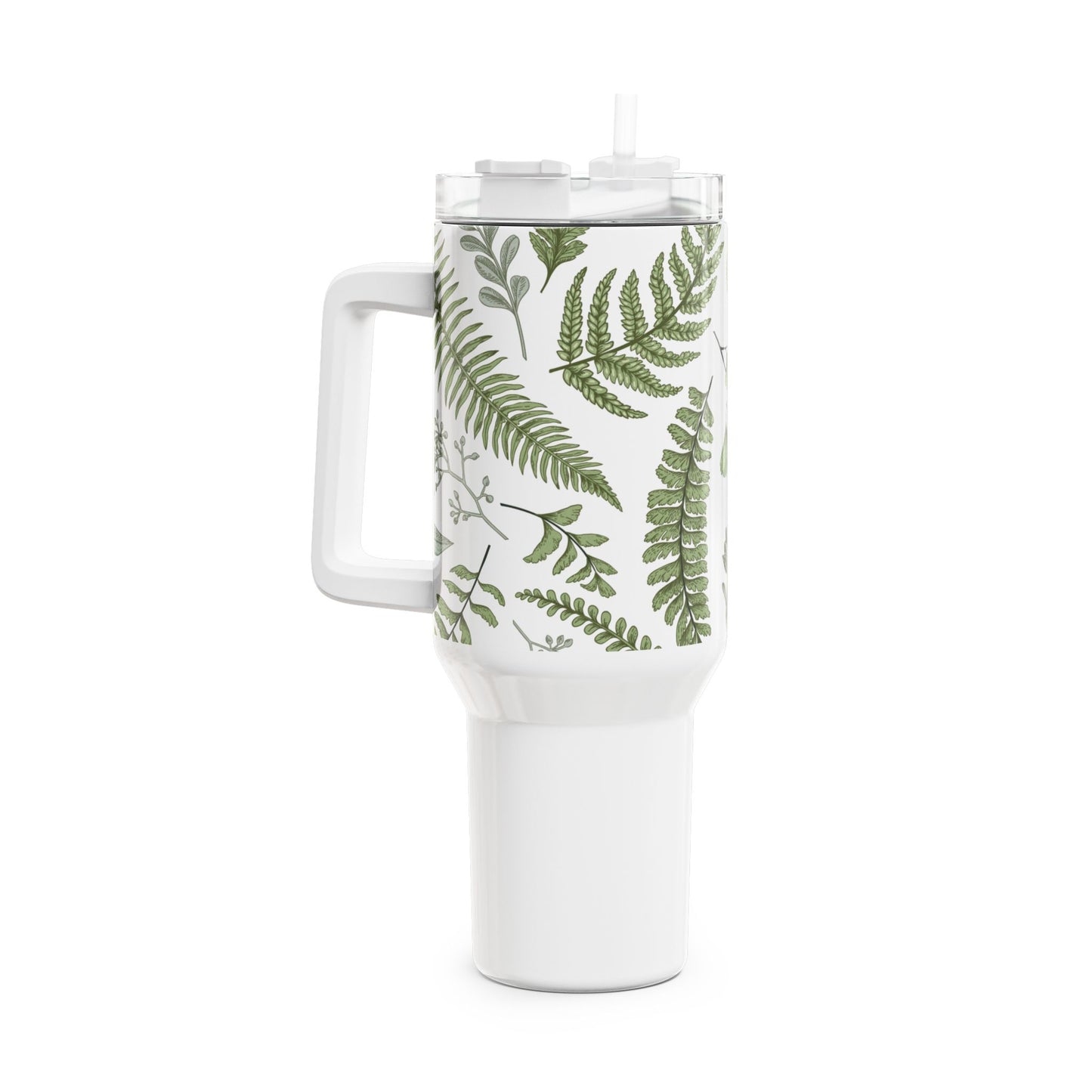 GRÜNE BLÄTTER FARN PFLANZENMOTIV • Tumbler mit Henkel & Strohhalm • XXL Reisebecher 1,2L