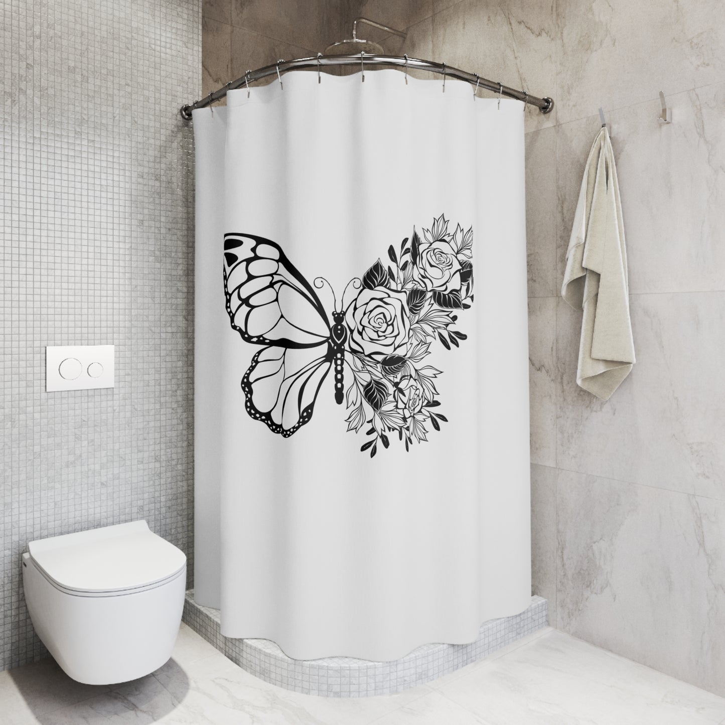 BLUMENBLÜTEN SCHMETTERLING • Hochwertiger, Schöner Duschvorhang 180x200 cm Weiss