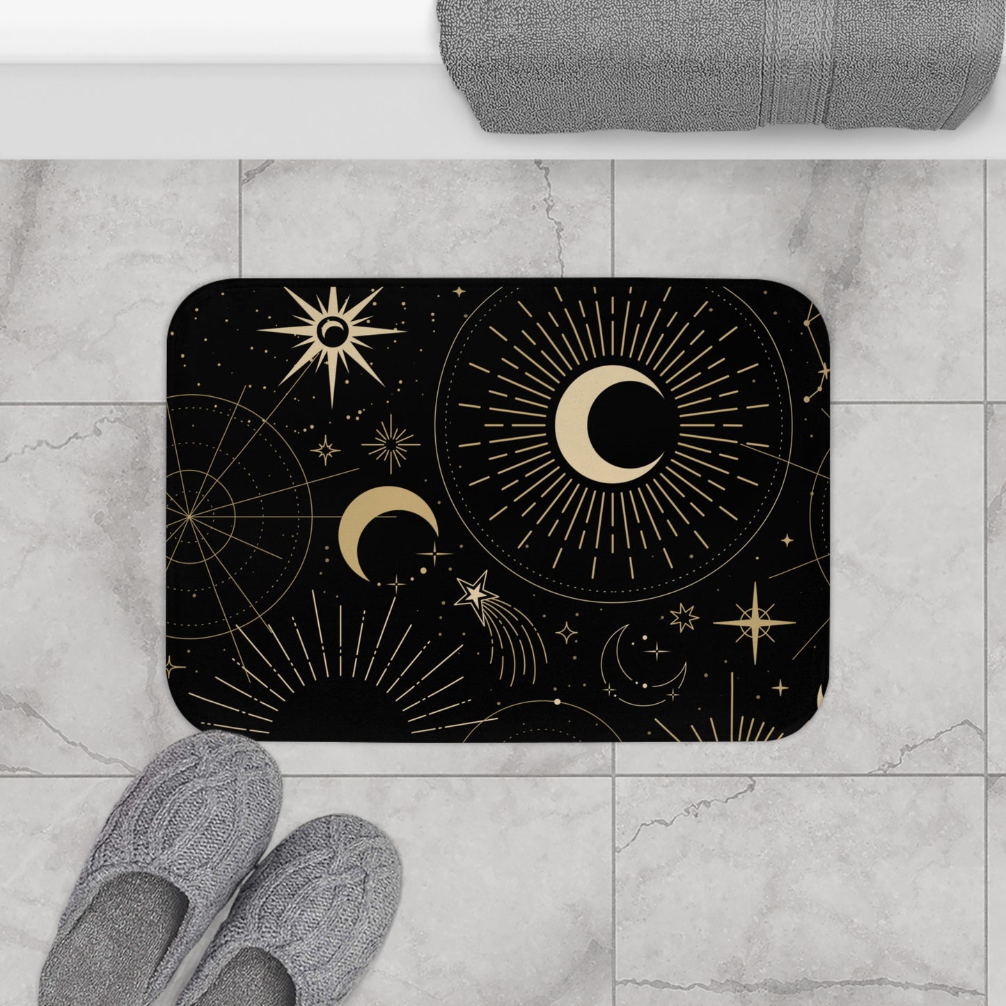 SONNE MOND STERNE • Badvorleger Schwarz / Fussmatte / Badteppich EXTRA Weich • 53 x 86 cm