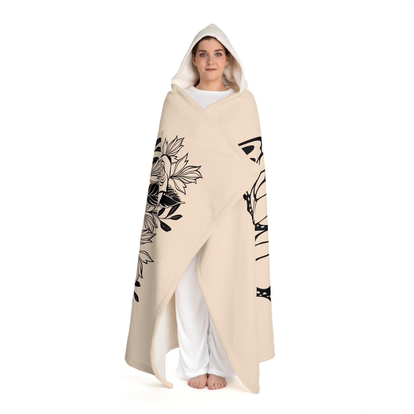 BLUMEN SCHMETTERLING • Kapuzen Kuscheldecke Beige Creme • Wohndecke Sherpa 130cm x 180cm