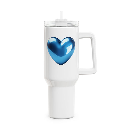 BLAUES HERZ GLÄNZEN 3D ILLUSION • Tumbler mit Henkel & Strohhalm • XXL Reisebecher 1,2L
