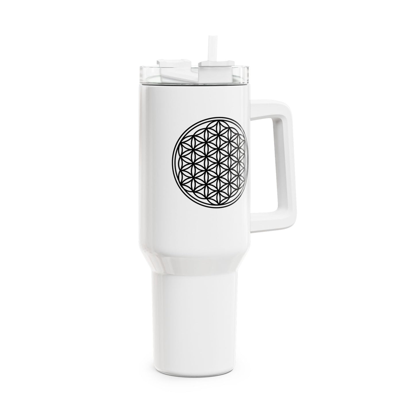 BLUME DES LEBENS SCHWARZ AUF WEIß • Tumbler mit Henkel & Strohhalm • XXL Reisebecher 1,2L - YOGA SANTA