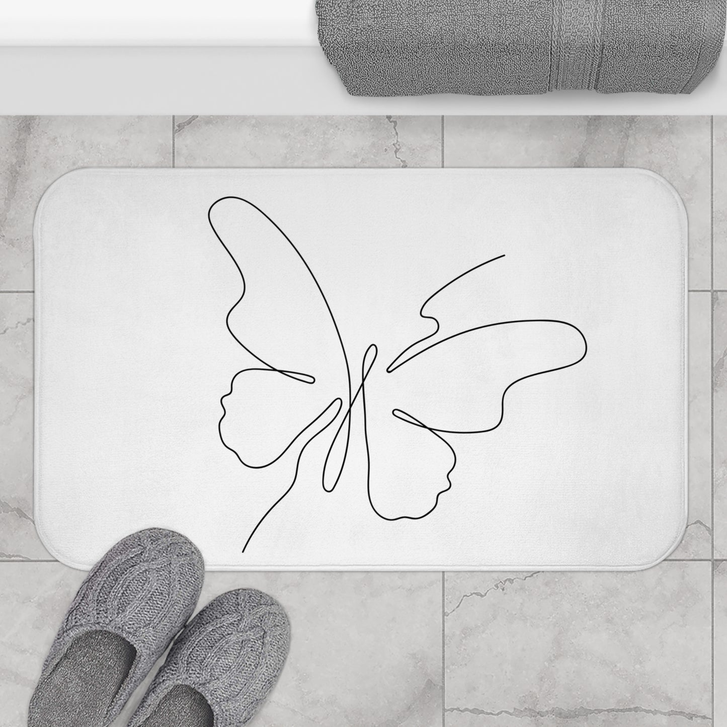 SCHMETTERLING Minimalistische Zeichnung • Badvorleger Weiss / Fussmatte / Badteppich EXTRA Weich • 43 x 61 cm & 53 x 86 cm