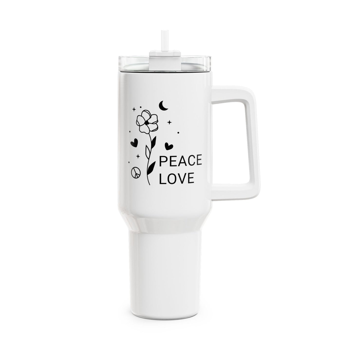 PEACE LOVE BLUME MOND HERZ STERNE • Tumbler mit Henkel & Strohhalm • XXL Reisebecher 1,2L - YOGA SANTA