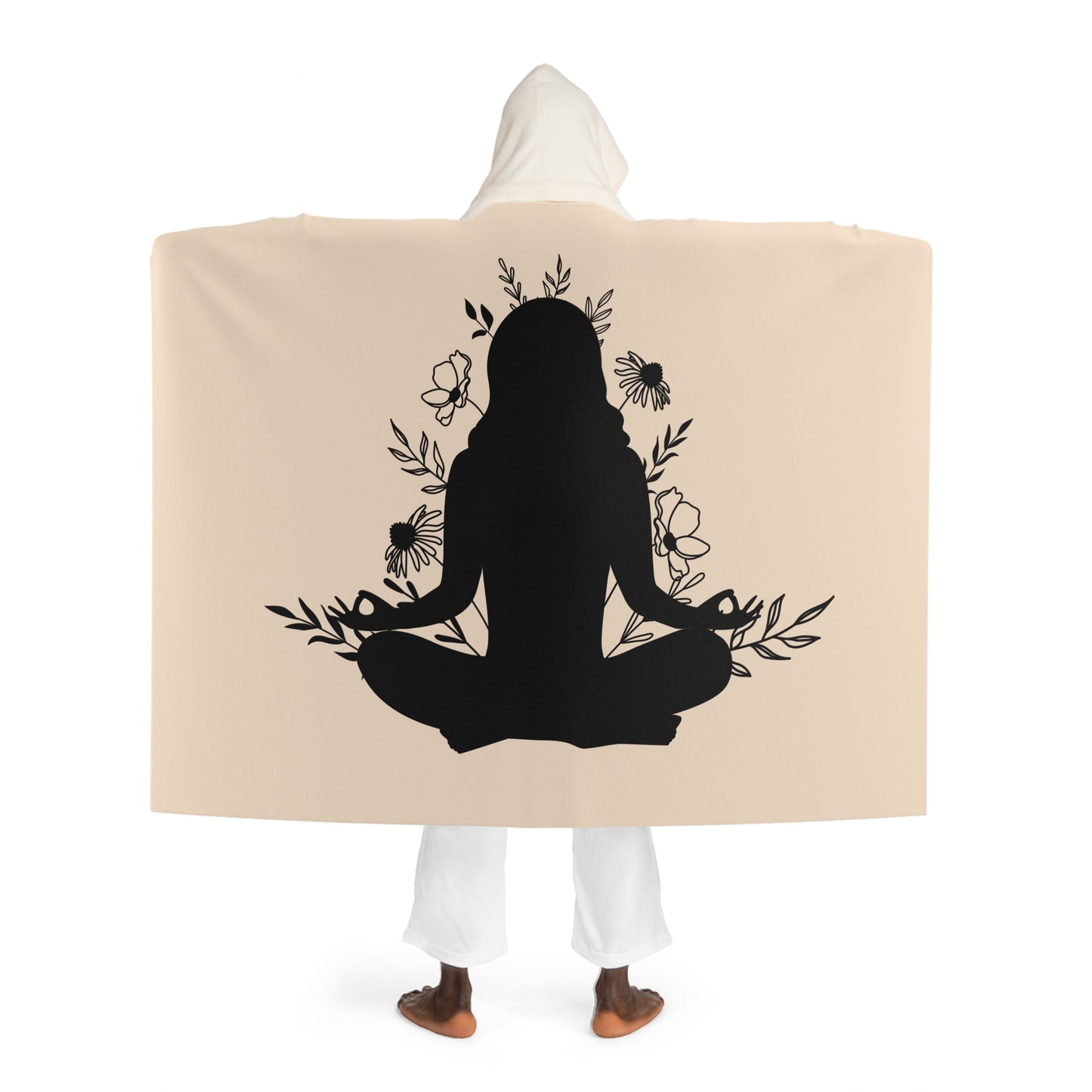 YOGA MEDITATION POSE BLUMEN • Kapuzen Kuscheldecke Beige Creme • Wohndecke Sherpa 130cm x 180cm