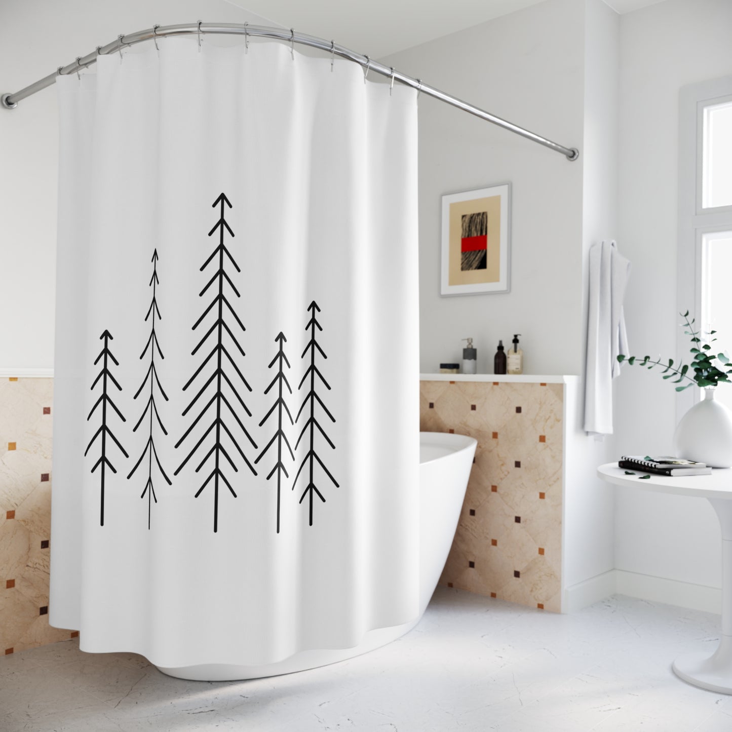 WALD BÄUME ZEICHNUNG MINIMALISITSCH • Hochwertiger, Schöner Duschvorhang 180x200 cm Weiss