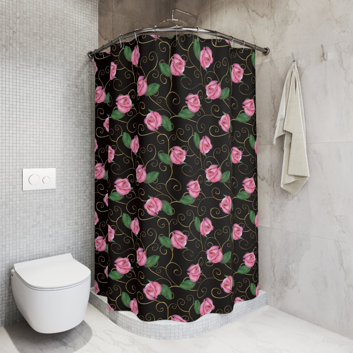 ROSEN ROSA BLUMENMUSTER • Hochwertiger, Schöner Duschvorhang 180x200 cm Schwarz