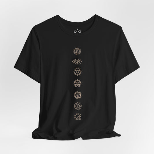 7 CHAKA SYMBOLE IN FLORALEN MUSTERN BEIGE-GOLD • Yoga Meditations T-shirt Damen & Herren • Baumwolle 🌿